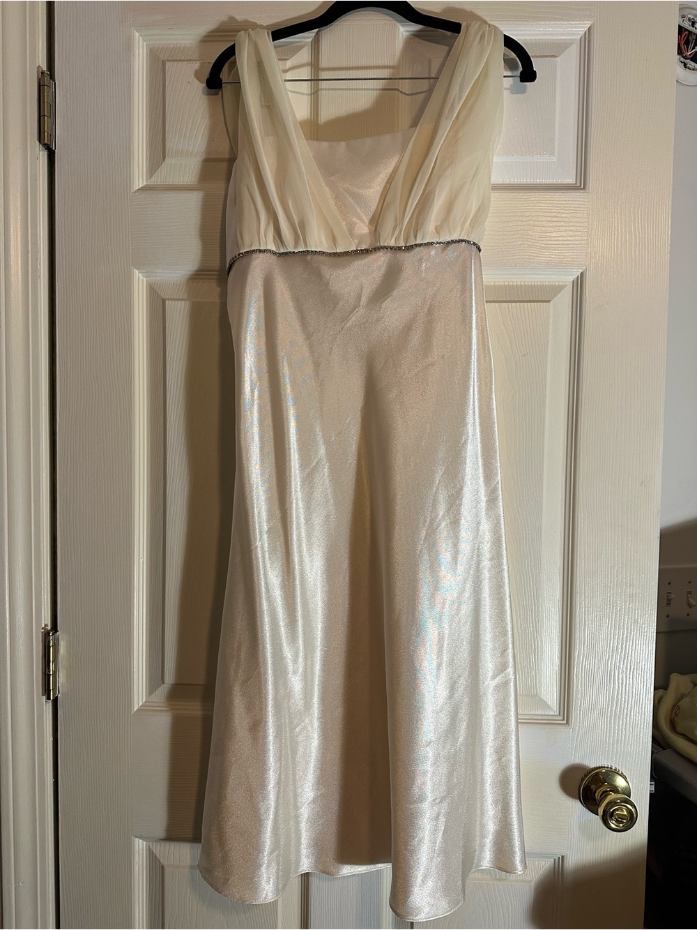 Fiesta Ivory Satin and Chiffon V-Neck Evening Gown with Beaded Trim